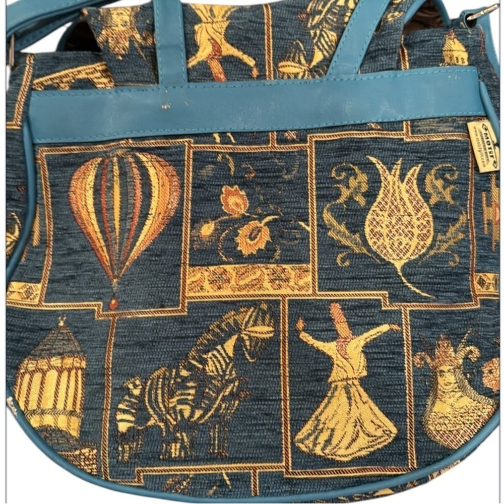 Motif Turkish Blue Tapestry & Vegan Leather Satchel Crossbody Bag - Picture 8 of 14